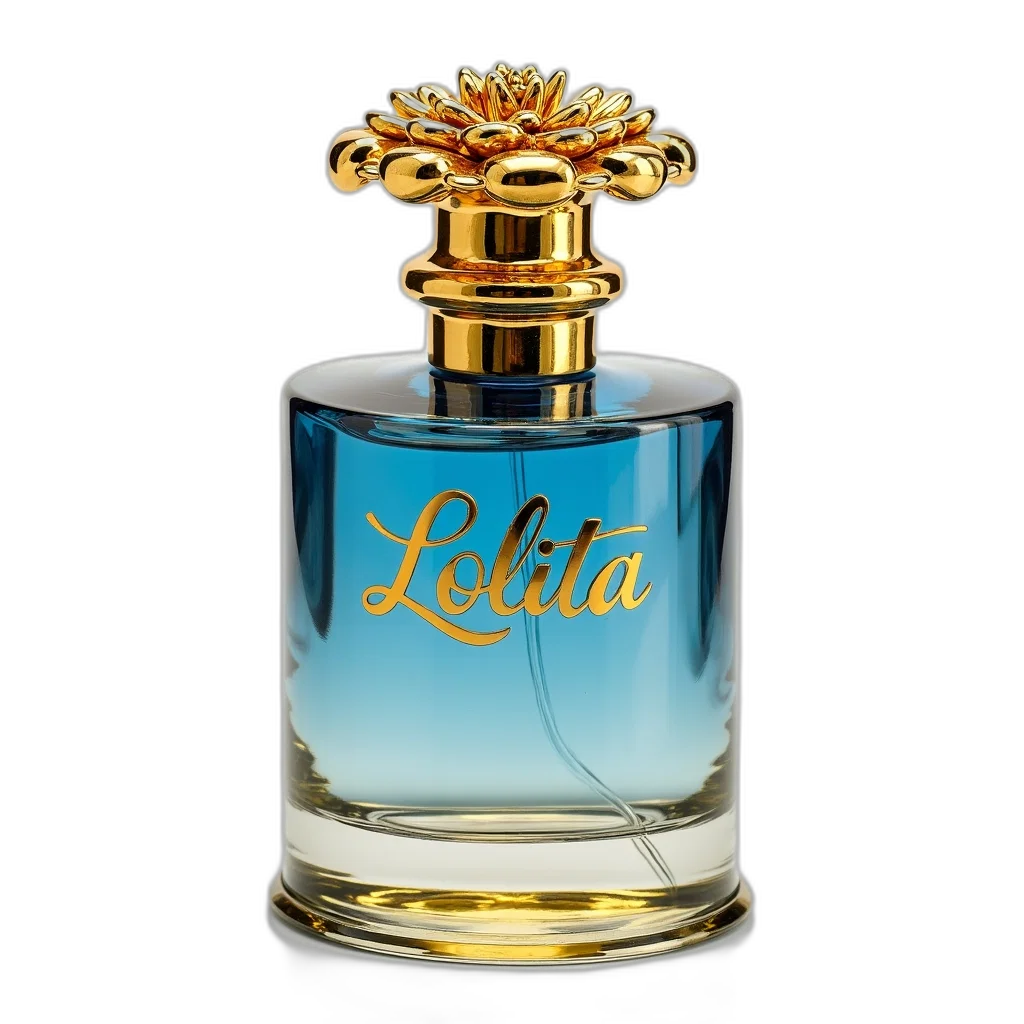 bottle, photorealistic, gold, blue, perfume, golden, cap, base transparent PNG cut-out