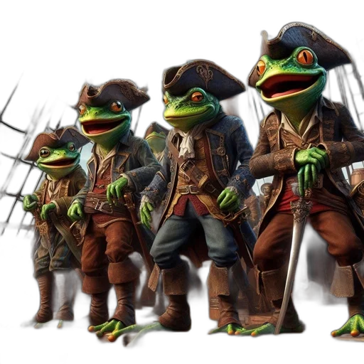 concept art, 3d render, fantasy art, anthropomorphic, frogs, dressed, pirates, stand transparent PNG cut-out