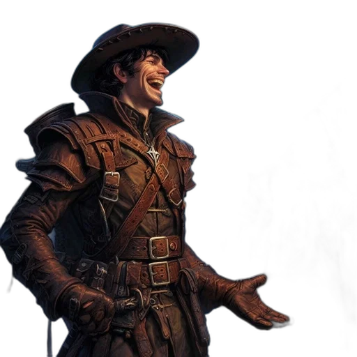 hat, staff, jacket, weapon, concept art, fantasy art, comic book art, photorealistic transparent PNG cut-out