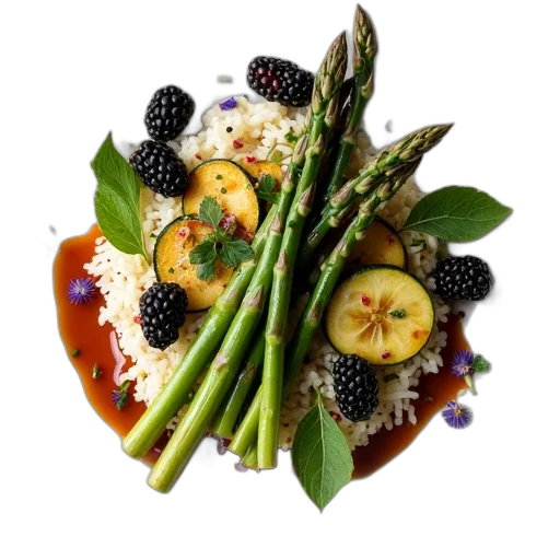 food, plate, variety, ingredients, including, asparagus, zucchini, blackberries transparent PNG cut-out
