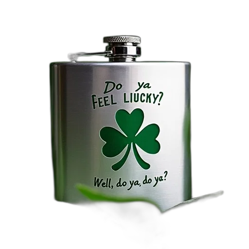 bottle, silver, flask, green, shamrock, design, phrase, feel transparent PNG cut-out