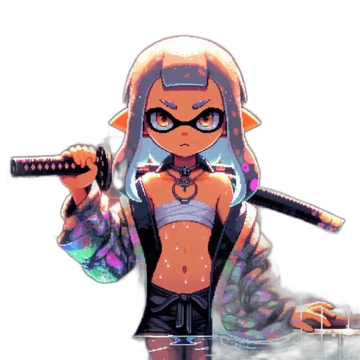 weapon, staff, jacket, sword, pixel art, cartoon, anime, cyberpunk transparent PNG cut-out