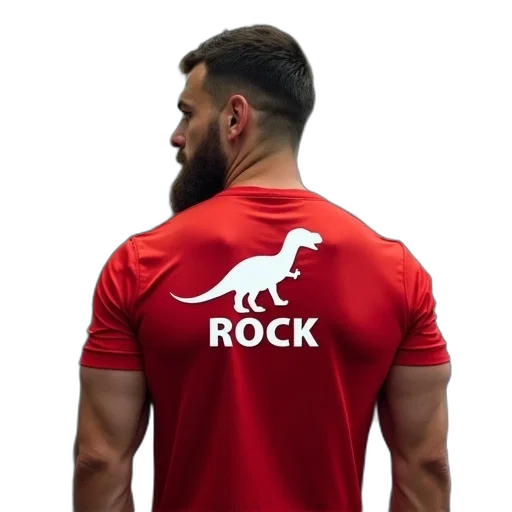 man, red, shirt, white, logo, back, leaning, forward transparent PNG cut-out