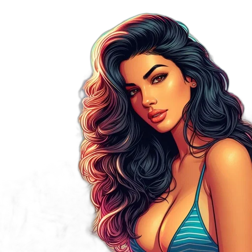 hair, jewelry, face, fantasy art, comic book art, cartoon, photorealistic, neon lights transparent PNG cut-out