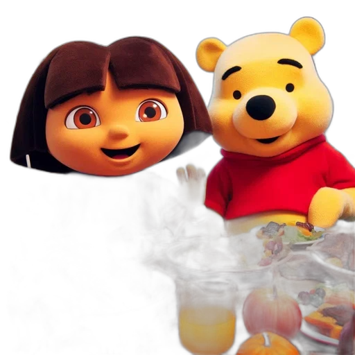 3d render, concept art, dora, winnie, pooh, sit, together, dining transparent PNG cut-out