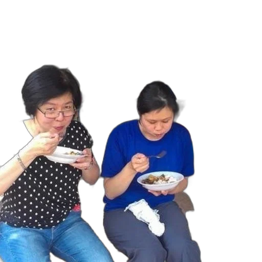 food, fire, two, women, sit, bench, eating, bowls transparent PNG cut-out