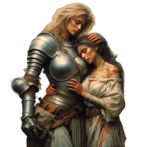 sword, fantasy art, concept art, oil painting, photorealistic, earth tones, two, women transparent PNG cut-out