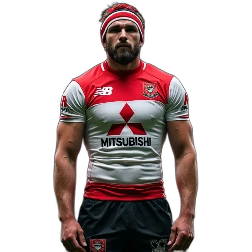 rugby, player, wearing, red, white, jersey, mitsubishi, logo transparent PNG cut-out