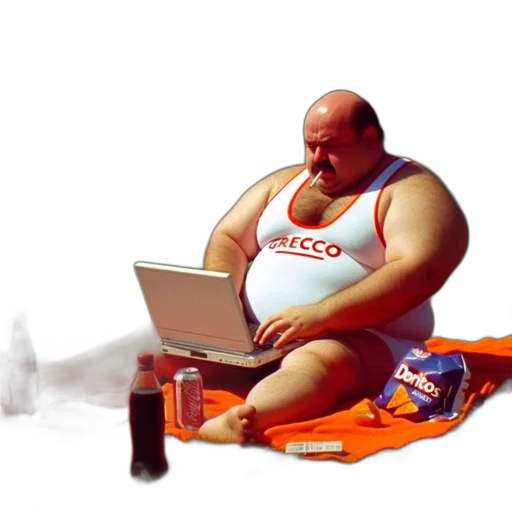 food, concept art, photorealistic, cyberpunk, 3d render, beach, overweight, man transparent PNG cut-out