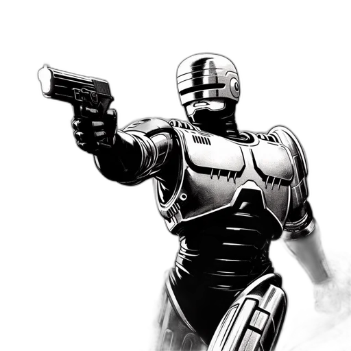 robot, weapon, comic book art, concept art, 3d render, cartoon, illustration, shows transparent PNG cut-out