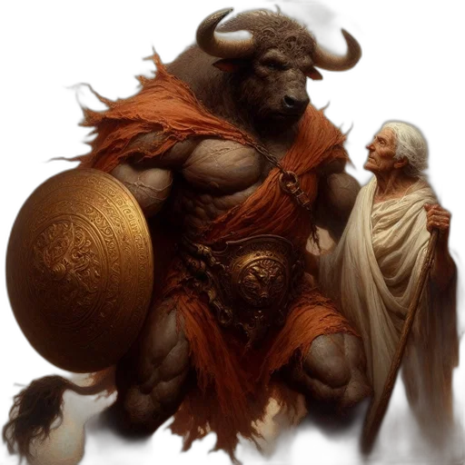 fantasy art, concept art, comic book art, photorealistic, earth tones, golden, anthropomorphic, bull transparent PNG cut-out