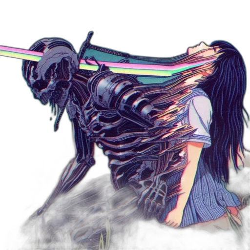 creature, hair, weapon, mask, vaporwave, anime, cyberpunk, concept art transparent PNG cut-out