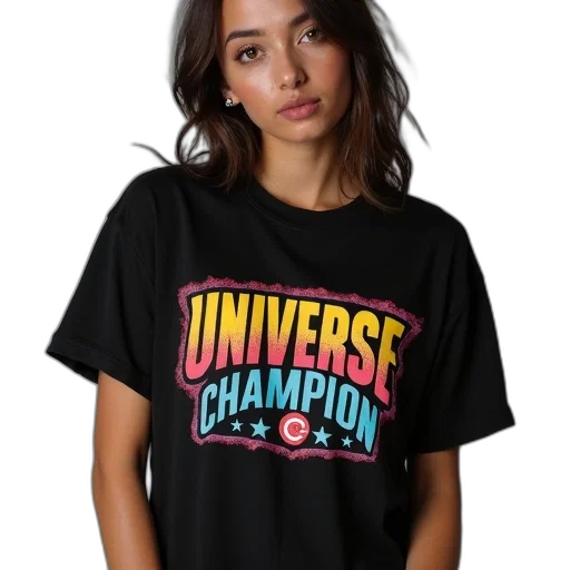 jewelry, cyberpunk, outer space, woman, wearing, black, t-shirt, colorful transparent PNG cut-out