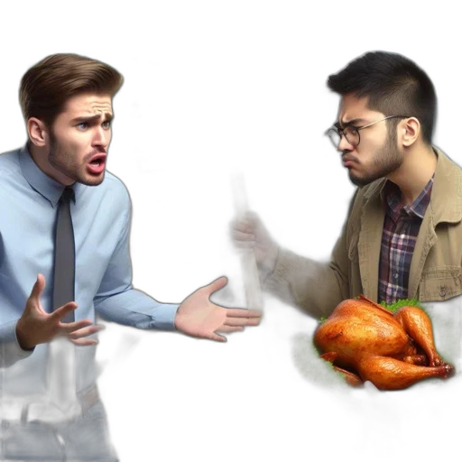food, 3d render, concept art, photorealistic, fire, two, men, one transparent PNG cut-out