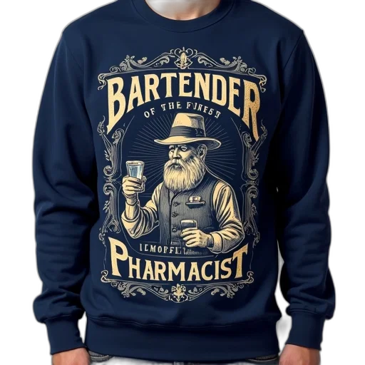 jacket, navy, blue, sweatshirt, graphic, design, reads, bartender transparent PNG cut-out