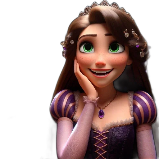 dress, face, crown, 3d render, photorealistic, concept art, cartoon, tangled transparent PNG cut-out