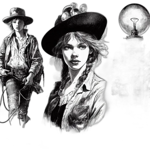 hat, concept art, comic book art, photorealistic, pencil sketch, three, illustrations, feature transparent PNG cut-out