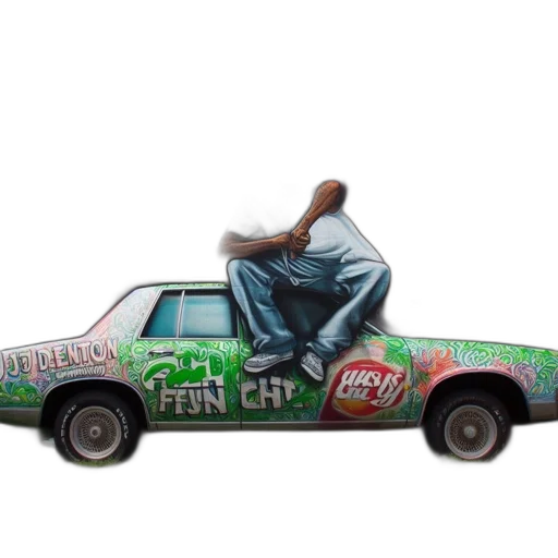 car, photorealistic, vivid, mural, portrays, man, relaxing, atop transparent PNG cut-out
