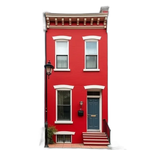 building, 3d render, city street, red, row, colorful, townhouses, blue transparent PNG cut-out