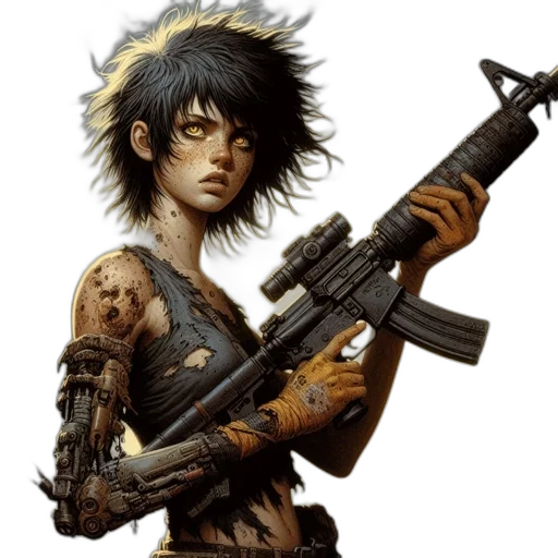 weapon, concept art, cyberpunk, fantasy art, comic book art, tough-looking, young, woman transparent PNG cut-out