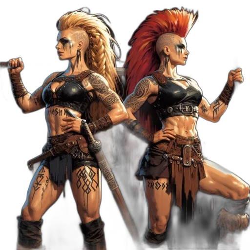 concept art, fantasy art, comic book art, pixel art, two, female, warriors, distinct transparent PNG cut-out