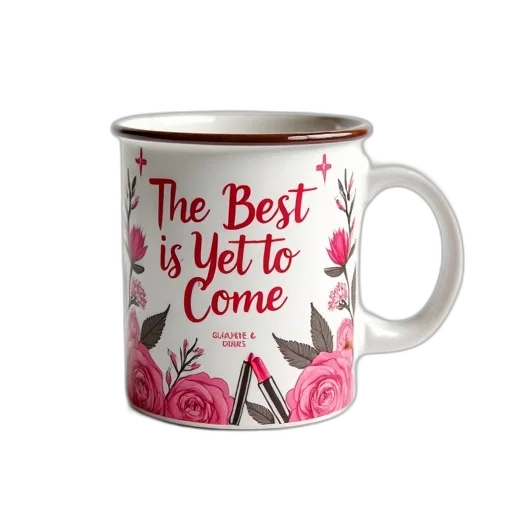 white, coffee, mug, brown, rim, floral, design, side transparent PNG cut-out