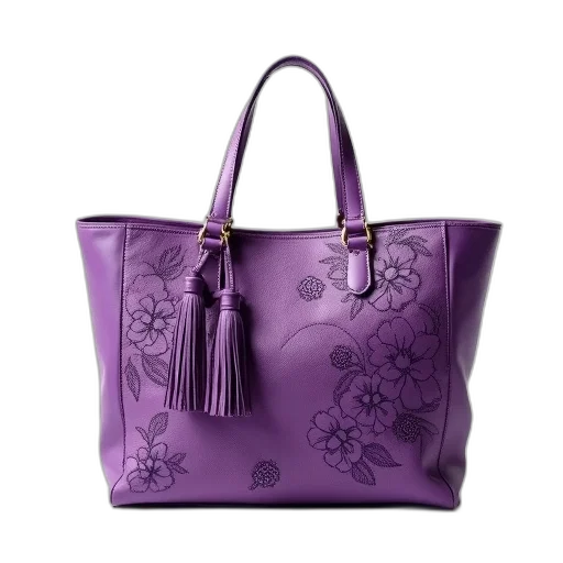 photorealistic, purple, leather, handbag, floral, pattern, tassel, zipper transparent PNG cut-out