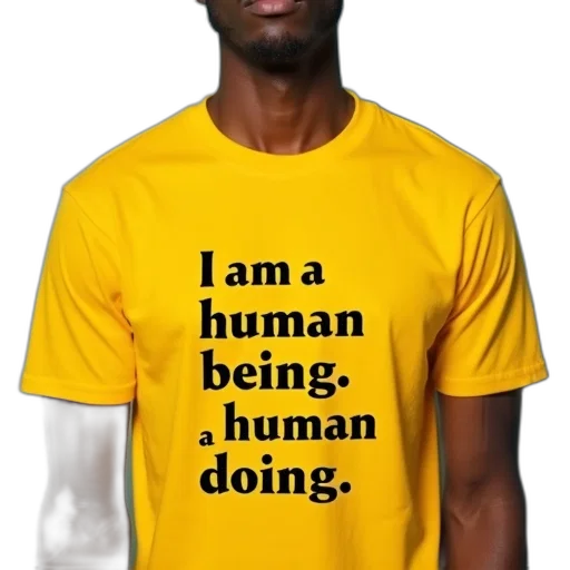 robot, animal, person, wearing, yellow, t-shirt, slogan, reads transparent PNG cut-out