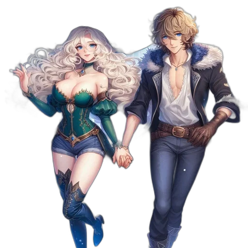 fantasy art, concept art, pixel art, comic book art, two, animated, characters, one transparent PNG cut-out