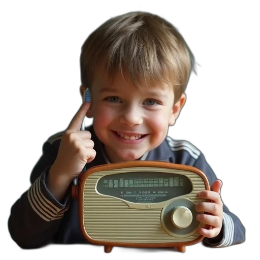 young, boy, holding, vintage, radio, his, ear, toothbrush transparent PNG cut-out