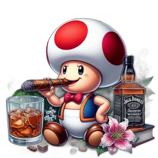 food, bottle, hat, pixel art, concept art, photorealistic, 3d render, toad-like transparent PNG cut-out