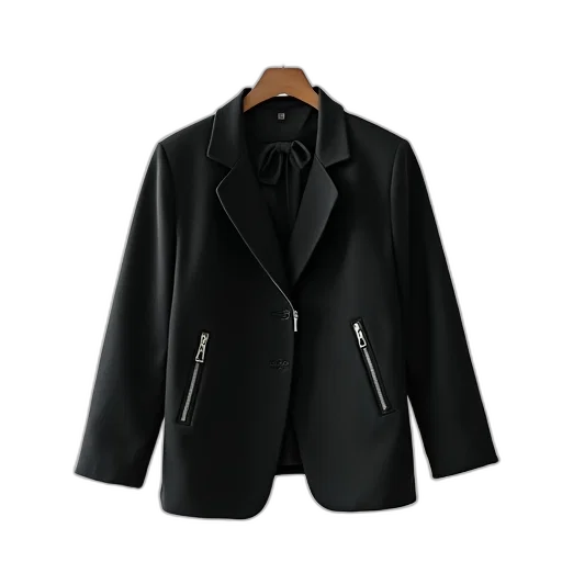 jacket, black, zipper, bow, tie, detail, hangs, hanger transparent PNG cut-out