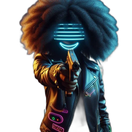 jacket, robot, hair, weapon, cyberpunk, concept art, vaporwave, pixel art transparent PNG cut-out