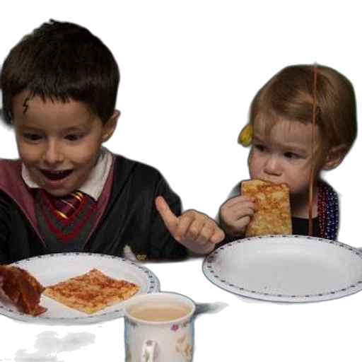 food, 3d render, two, children, dressed, costumes, sit, table transparent PNG cut-out