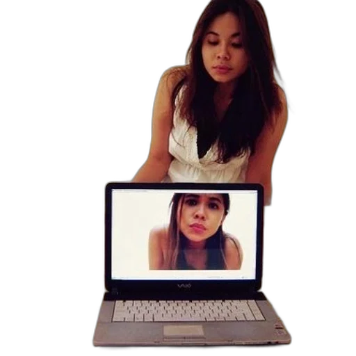 face, photorealistic, woman, white, dress, sits, behind, laptop transparent PNG cut-out