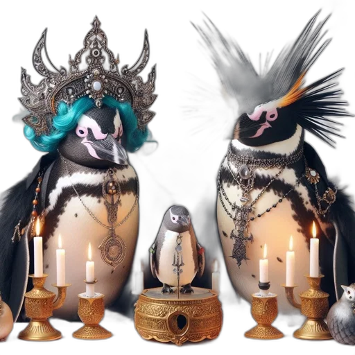 concept art, 3d render, fantasy art, two, accessory-clad, penguins, one, sporting transparent PNG cut-out