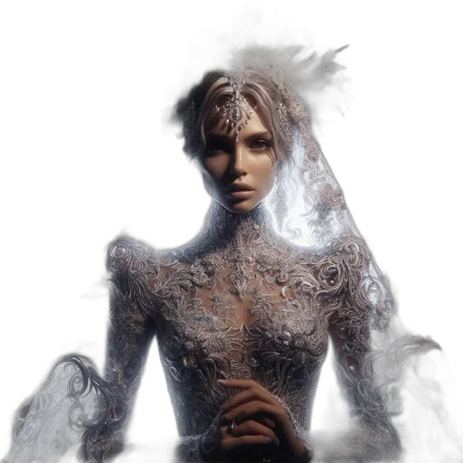 dress, hair, face, mask, concept art, fantasy art, 3d render, photorealistic transparent PNG cut-out