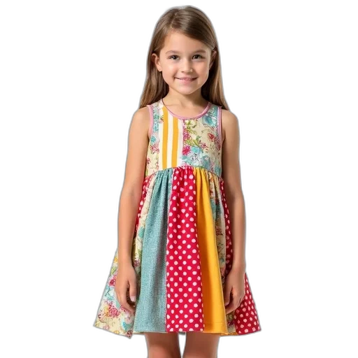 dress, young, girl, wearing, colorful, patchwork, mix, patterns transparent PNG cut-out
