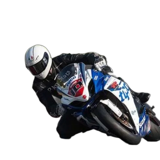 motorcyclist, white, helmet, leans, into, turn, blue, motorcycle transparent PNG cut-out