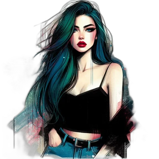 hair, dress, cartoon, watercolor, fantasy art, comic book art, neon lights, blue transparent PNG cut-out