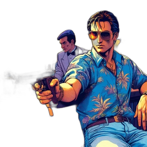 weapon, jacket, comic book art, concept art, pixel art, vaporwave, fire, blue transparent PNG cut-out