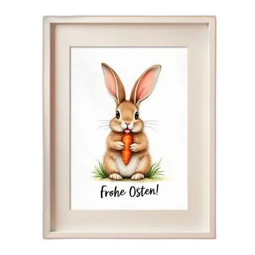 watercolor, painting, rabbit, holding, carrot, word, frohe, ostern transparent PNG cut-out