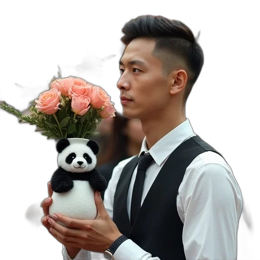 staff, photorealistic, 3d render, man, short, hair, holding, vase transparent PNG cut-out