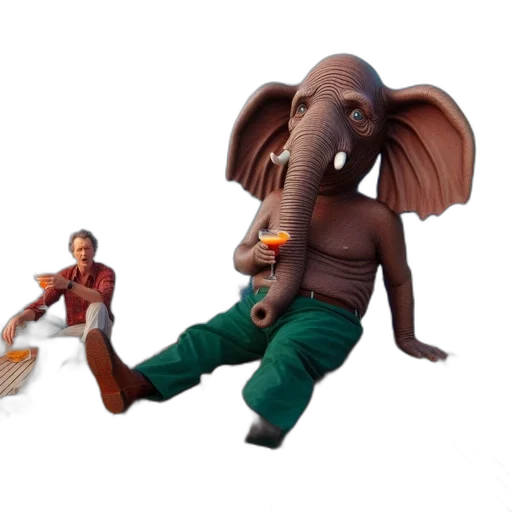 concept art, 3d render, yacht, scene, life-sized, elephant, lounging, drinking transparent PNG cut-out