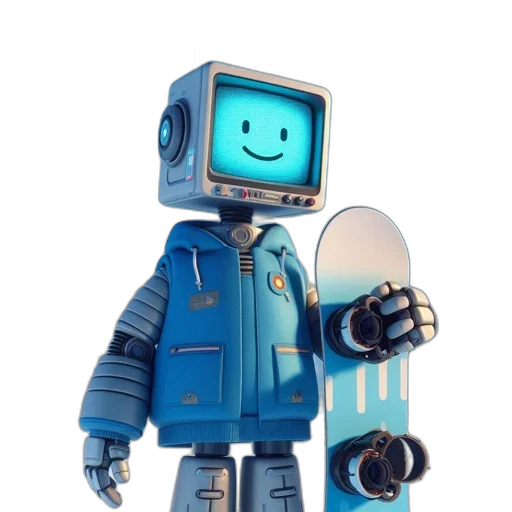 robot, 3d render, concept art, pixel art, vaporwave, outer space, blue, snowboarding transparent PNG cut-out