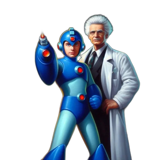 robot, jacket, staff, concept art, comic book art, pixel art, blue, two transparent PNG cut-out