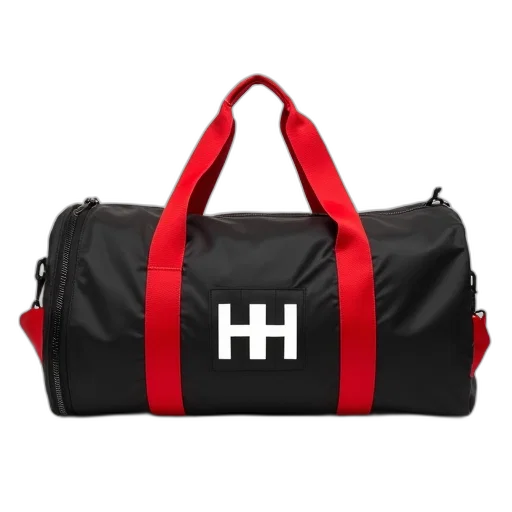 black, red, nylon, duffel, bag, white, logo, center transparent PNG cut-out