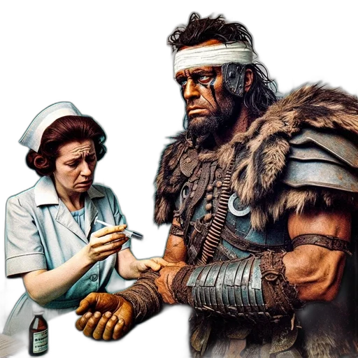 concept art, fantasy art, comic book art, photorealistic, fire, nurse, warrior, dressed transparent PNG cut-out