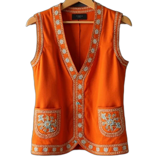 dress, jacket, orange, embroidered, shrug, vest, pockets transparent PNG cut-out