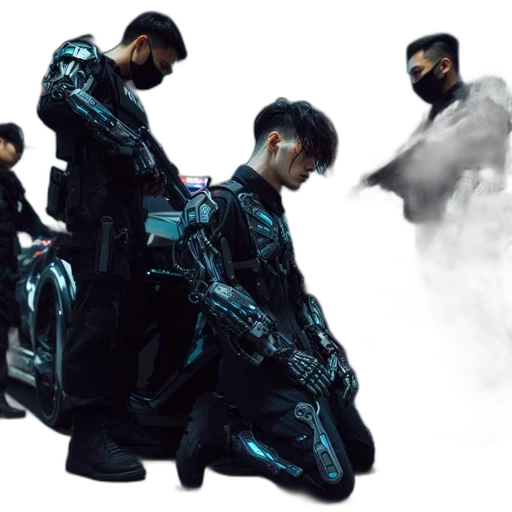 jacket, weapon, robot, dragon, cyberpunk, concept art, 3d render, anime transparent PNG cut-out